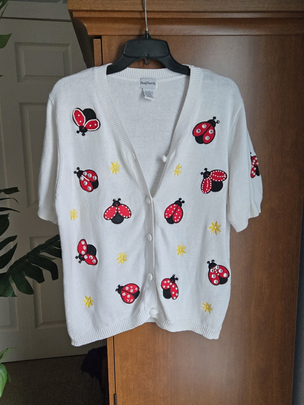 BonWorth White Short-Sleeve Cardigan with Red Ladybug Embroidery
